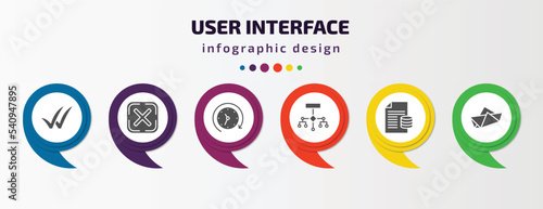 user interface infographic template with icons and 6 step or option. user interface icons such as double checking, cancel, history, flow chart interface, data analytics content, paper boat vector.