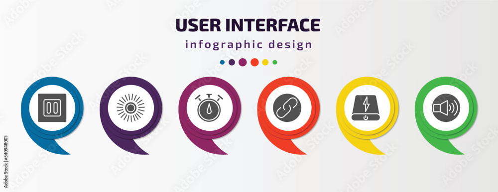 user interface infographic template with icons and 6 step or option. user interface icons such as square stop button, loading indicator, stopwatches, link button, power bank, volume button vector. user interface infographic template with icons and 6 step or option. user interface icons such as square stop button, loading indicator, stopwatches, link button, power bank, volume button vector.