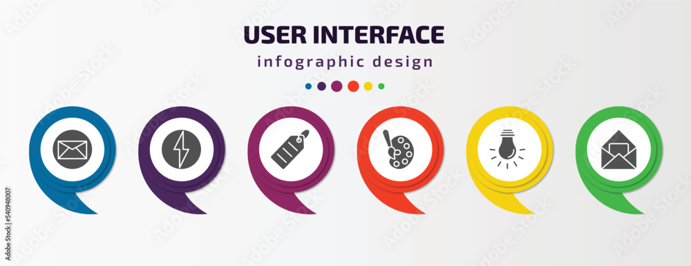 user interface infographic template with icons and 6 step or option. user interface icons such as email envelope button, lightning flash, shopping label, artist paint palette, tungsten, open letter user interface infographic template with icons and 6 step or option. user interface icons such as email envelope button, lightning flash, shopping label, artist paint palette, tungsten, open letter