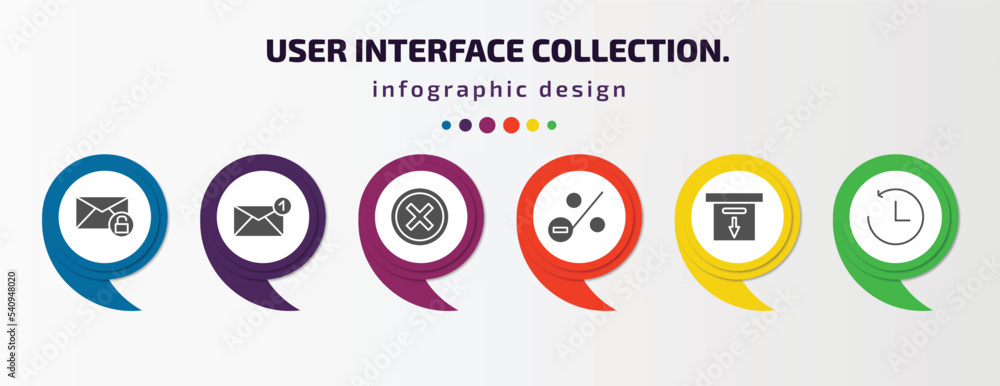 user interface collection. infographic template with icons and 6 step or option. user interface collection. icons such as unlock envelope, new email envelope, round delete button, less percentage, user interface collection. infographic template with icons and 6 step or option. user interface collection. icons such as unlock envelope, new email envelope, round delete button, less percentage,