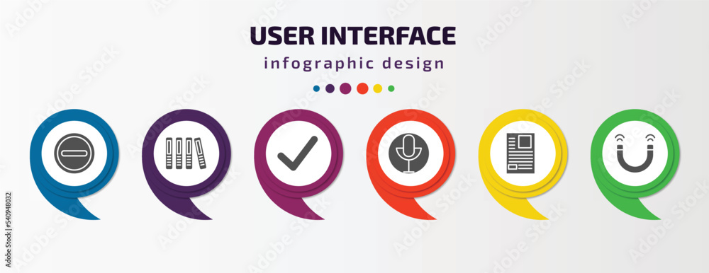 user interface infographic template with icons and 6 step or option. user interface icons such as remove round button, office folders, tick mark, record voice button, news report, magnet vector. can user interface infographic template with icons and 6 step or option. user interface icons such as remove round button, office folders, tick mark, record voice button, news report, magnet vector. can