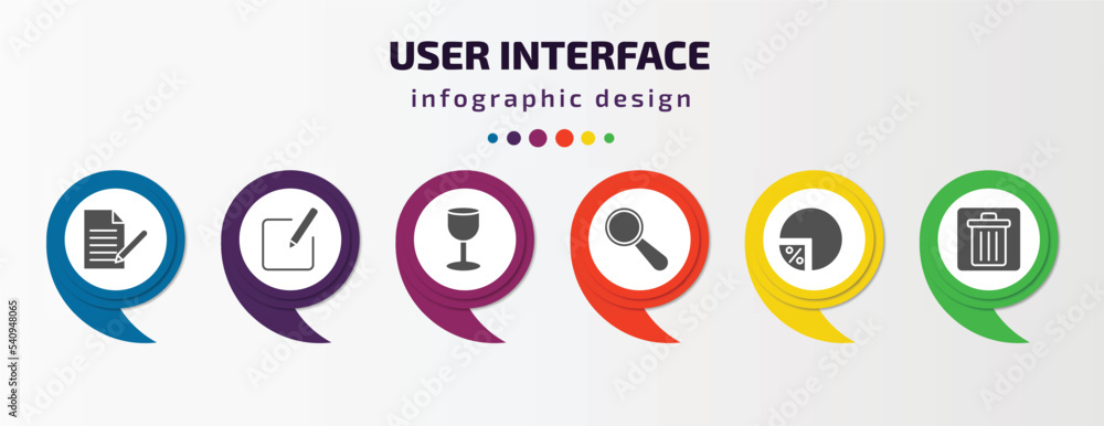 user interface infographic template with icons and 6 step or option. user interface icons such as written paper, edit button, glass material, looking, percentage chart, delete bin vector. can be user interface infographic template with icons and 6 step or option. user interface icons such as written paper, edit button, glass material, looking, percentage chart, delete bin vector. can be
