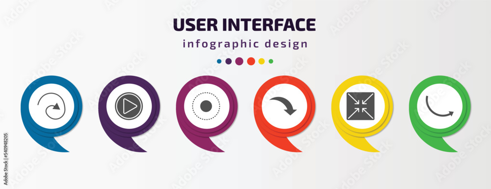 user interface infographic template with icons and 6 step or option. user interface icons such as curve line, play video button, selectioned circle, curve arrow, exit full screen arrows, round right user interface infographic template with icons and 6 step or option. user interface icons such as curve line, play video button, selectioned circle, curve arrow, exit full screen arrows, round right
