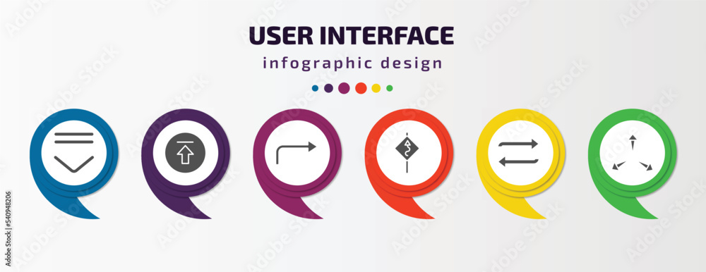 user interface infographic template with icons and 6 step or option. user interface icons such as drop down, upload button, turn right arrow, curvy road ahead, replay arrows, expand arrows vector. user interface infographic template with icons and 6 step or option. user interface icons such as drop down, upload button, turn right arrow, curvy road ahead, replay arrows, expand arrows vector.