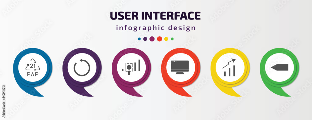 user interface infographic template with icons and 6 step or option. user interface icons such as 21 pap, restart, gap, display, arrow heading up, blank left arrow vector. can be used for banner, user interface infographic template with icons and 6 step or option. user interface icons such as 21 pap, restart, gap, display, arrow heading up, blank left arrow vector. can be used for banner,