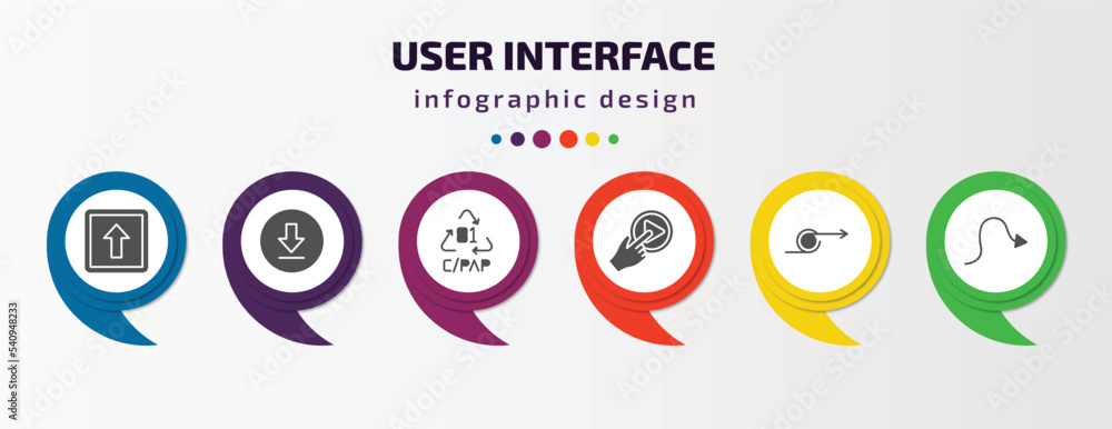 user interface infographic template with icons and 6 step or option. user interface icons such as key up, downloading, c/pap 81, press play button, loop arrow, sketched arrow vector. can be used for user interface infographic template with icons and 6 step or option. user interface icons such as key up, downloading, c/pap 81, press play button, loop arrow, sketched arrow vector. can be used for