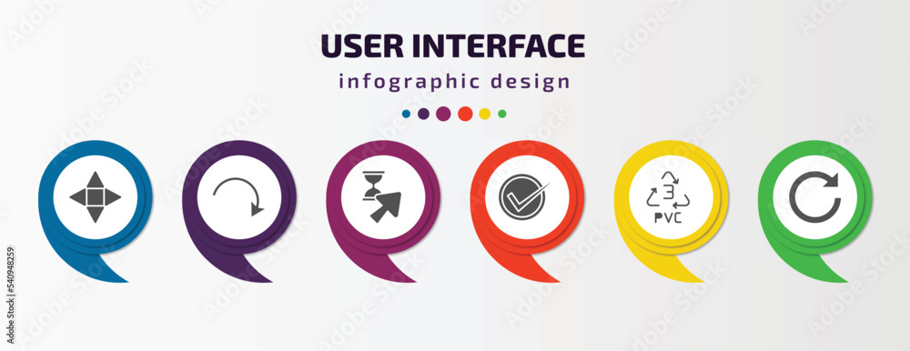 user interface infographic template with icons and 6 step or option. user interface icons such as navigation arrows, curved arrows, wait cursor, right, 3 pvc, redo arrow vector. can be used for user interface infographic template with icons and 6 step or option. user interface icons such as navigation arrows, curved arrows, wait cursor, right, 3 pvc, redo arrow vector. can be used for