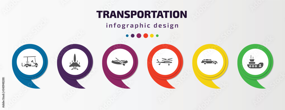 transportation infographic template with icons and 6 step or option. transportation icons such as golf cart, military airplane, dugout canoe, military helicopter, hearse, tugboat vector. can be used transportation infographic template with icons and 6 step or option. transportation icons such as golf cart, military airplane, dugout canoe, military helicopter, hearse, tugboat vector. can be used