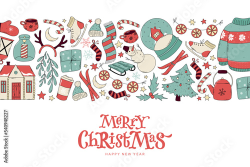 Christmas lettering quote decorated with horizontal border of doodles for banners, prints, cards, invitations, templates, etc. EPS 10