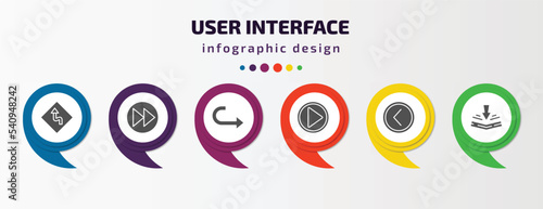 user interface infographic template with icons and 6 step or option. user interface icons such as left reverse curve, forward button, curve right arrow, video play, round left button, bending