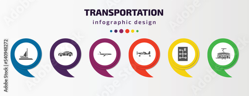 transportation infographic template with icons and 6 step or option. transportation icons such as catamaran, electro car, jetliner, crop duster, gear box, tramway vector. can be used for banner,