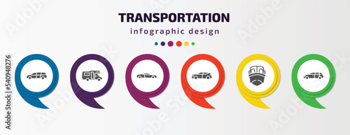 transportation infographic template with icons and 6 step or option. transportation icons such as minivan, camper car, sport car, suv, boat front view, hatchback vector. can be used for banner, info
