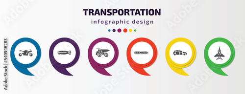 transportation infographic template with icons and 6 step or option. transportation icons such as motorbike, dirigible, haul, monorail, compact car, army airplane vector. can be used for banner,