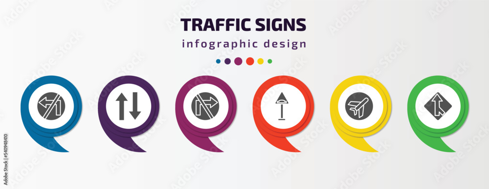 traffic signs infographic template with icons and 6 step or option. traffic signs icons such as no turn, two ways, no turn right, bump, airport, merging vector. can be used for banner, info graph, traffic signs infographic template with icons and 6 step or option. traffic signs icons such as no turn, two ways, no turn right, bump, airport, merging vector. can be used for banner, info graph,