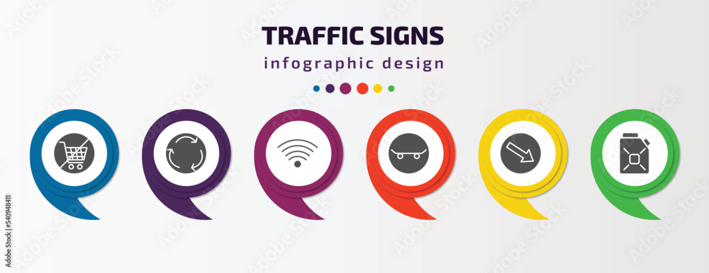 traffic signs infographic template with icons and 6 step or option. traffic signs icons such as no shopping cart, roundabout, , skateboard, keep right, gasoline vector. can be used for banner, info traffic signs infographic template with icons and 6 step or option. traffic signs icons such as no shopping cart, roundabout, , skateboard, keep right, gasoline vector. can be used for banner, info