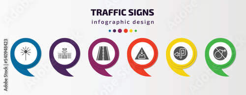 traffic signs infographic template with icons and 6 step or option. traffic signs icons such as laser, police station, highway, pothole, degree curve road, no bombs vector. can be used for banner,