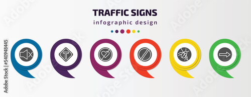 traffic signs infographic template with icons and 6 step or option. traffic signs icons such as no sound, t junction, lovemaking, forbidden, no insects, one way vector. can be used for banner, info