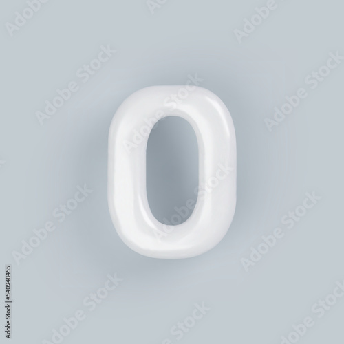 3D White plastic number 0 with a glossy surface on a gray background.