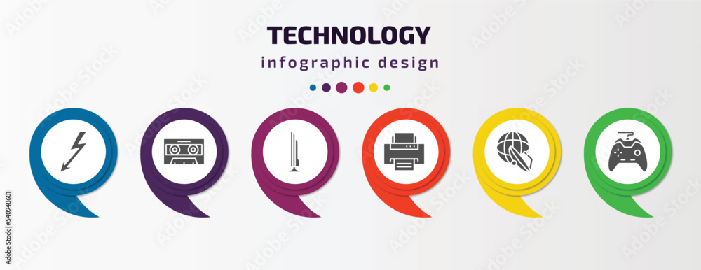 technology infographic template with icons and 6 step or option. technology icons such as lightning arrow, caste tape, tv side, printing, news via satellite, big joystick vector. can be used for technology infographic template with icons and 6 step or option. technology icons such as lightning arrow, caste tape, tv side, printing, news via satellite, big joystick vector. can be used for
