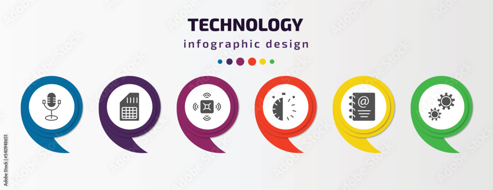 technology infographic template with icons and 6 step or option. technology icons such as old mic, big, naensor, half hour, email agenda, services vector. can be used for banner, info graph, web, technology infographic template with icons and 6 step or option. technology icons such as old mic, big, naensor, half hour, email agenda, services vector. can be used for banner, info graph, web,