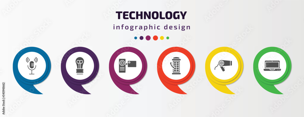 technology infographic template with icons and 6 step or option. technology icons such as microphone voice, light bulb turned off, video camera front view, phone box, hairdressing tools, laptop technology infographic template with icons and 6 step or option. technology icons such as microphone voice, light bulb turned off, video camera front view, phone box, hairdressing tools, laptop