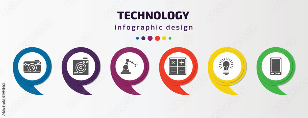 technology infographic template with icons and 6 step or option. technology icons such as vintage digital camera, retro squared camera, robotic hand, mathematical operations, light on, tablet with technology infographic template with icons and 6 step or option. technology icons such as vintage digital camera, retro squared camera, robotic hand, mathematical operations, light on, tablet with