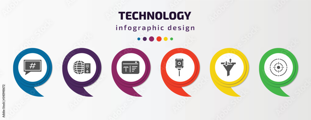 technology infographic template with icons and 6 step or option. technology icons such as microblogging, web servers, serif font, retro microphone, sales funnel, center focus vector. can be used for technology infographic template with icons and 6 step or option. technology icons such as microblogging, web servers, serif font, retro microphone, sales funnel, center focus vector. can be used for