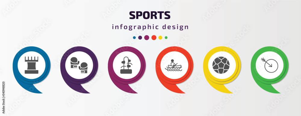 sports infographic template with icons and 6 step or option. sports icons such as tower from a chess, boxing gloves, wing chun, man in canoe, football, ball arrow vector. can be used for banner, sports infographic template with icons and 6 step or option. sports icons such as tower from a chess, boxing gloves, wing chun, man in canoe, football, ball arrow vector. can be used for banner,