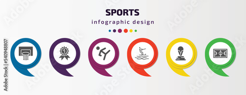 sports infographic template with icons and 6 step or option. sports icons such as basketball basket, golden medal, taekwondo, jet surfing, world cup, football pitch vector. can be used for banner,
