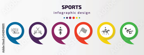sports infographic template with icons and 6 step or option. sports icons such as sprained ankle, medieval fencing, motorbike riding, chequered flag, horseback, karate fighter vector. can be used