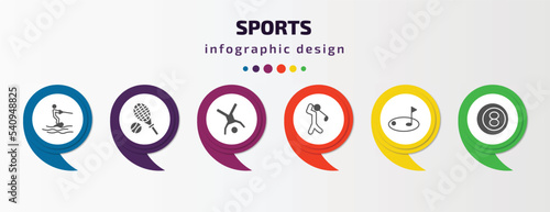 sports infographic template with icons and 6 step or option. sports icons such as wakeboarding, tennis, cartwheel, golf player, golf, ball pool vector. can be used for banner, info graph, web,