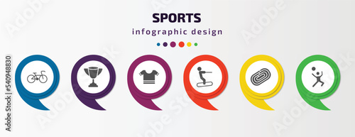 sports infographic template with icons and 6 step or option. sports icons such as racing bike, trophy, football jersey, water ski, running track, man playing volleyball vector. can be used for