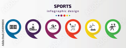 sports infographic template with icons and 6 step or option. sports icons such as soccer field, podium, swimming, man playing tennis, gymnastics, man award vector. can be used for banner, info