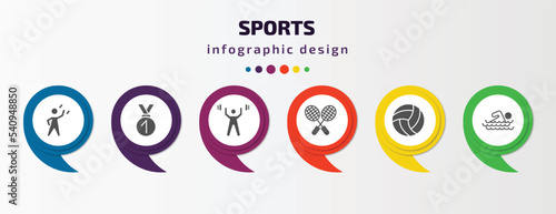 sports infographic template with icons and 6 step or option. sports icons such as dumbbell for training, medal with number 1, weightlifter, badminton, volleyball, swimming man vector. can be used