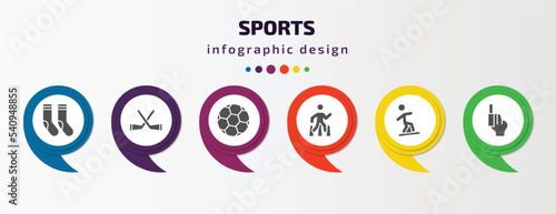 sports infographic template with icons and 6 step or option. sports icons such as long socks, hockey, soccer ball, pedestrian walking, snowboarding, starting gun vector. can be used for banner, info