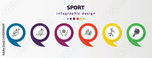 sport infographic template with icons and 6 step or option. sport icons such as winning the race, skiing, award, running a race, breakdancing dancer, table tennis vector. can be used for banner,