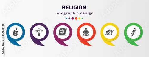 religion infographic template with icons and 6 step or option. religion icons such as dreidel, bael tree, torah book, meditation, olive branch, mezuzah vector. can be used for banner, info graph,