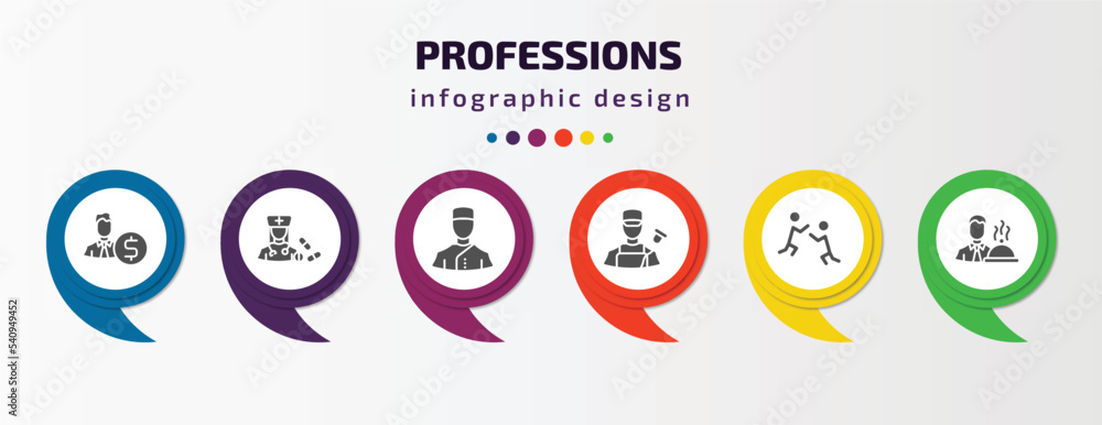 professions infographic template with icons and 6 step or option. professions icons such as accountant, pharist, concierge, electrician, wrestling, waiter vector. can be used for banner, info graph, professions infographic template with icons and 6 step or option. professions icons such as accountant, pharist, concierge, electrician, wrestling, waiter vector. can be used for banner, info graph,