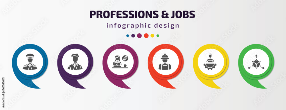 professions & jobs infographic template with icons and 6 step or option. professions & jobs icons such as pilot, office worker, graphic de, builder, it manager, model vector. can be used for banner, professions & jobs infographic template with icons and 6 step or option. professions & jobs icons such as pilot, office worker, graphic de, builder, it manager, model vector. can be used for banner,