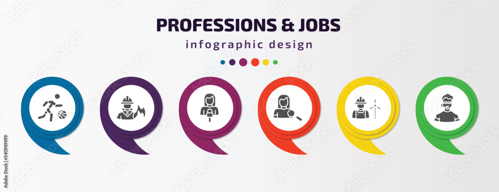 professions & jobs infographic template with icons and 6 step or option. professions & jobs icons such as basketball player, firefighter, journalist, hr specialist, wind turbine technician, bouncer professions & jobs infographic template with icons and 6 step or option. professions & jobs icons such as basketball player, firefighter, journalist, hr specialist, wind turbine technician, bouncer