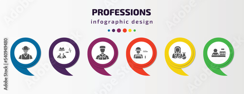 professions infographic template with icons and 6 step or option. professions icons such as pensioner, mafia, surgeon, dyer, chemist, cashier vector. can be used for banner, info graph, web,