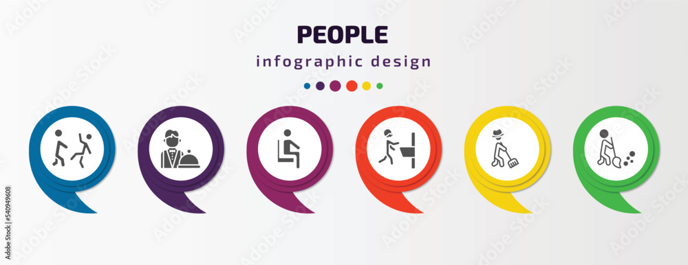 people infographic template with icons and 6 step or option. people icons such as helping other to jump, waiter working, sit down, man shaving, farmer working, sweeper working vector. can be used people infographic template with icons and 6 step or option. people icons such as helping other to jump, waiter working, sit down, man shaving, farmer working, sweeper working vector. can be used