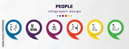 people infographic template with icons and 6 step or option. people icons such as helping other to jump, waiter working, sit down, man shaving, farmer working, sweeper working vector. can be used