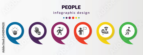 people infographic template with icons and 6 step or option. people icons such as knocking, goodbye, woman taking a photo, man holding a flag, traffic police, running at finish line vector. can be