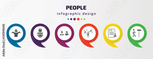 people infographic template with icons and 6 step or option. people icons such as getting dressed, magician boy, parents, man celebrating, woman covering, walking to school vector. can be used for