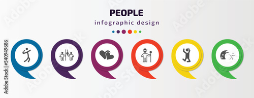 people infographic template with icons and 6 step or option. people icons such as shot put, occupant, two hearts, king in his throne, man jumping, waves danger vector. can be used for banner, info