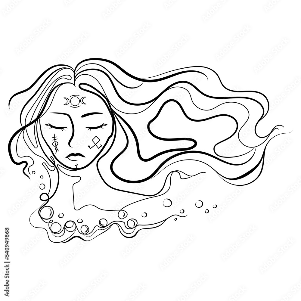 Abstract line art woman portrait with long flowing hair and scandinavian runes and triune moon sign on face,liner drawing vector illustration,Young fantasy girl,witch.Tattoo idea,modern fashion print. Abstract line art woman portrait with long flowing hair and scandinavian runes and triune moon sign on face,liner drawing vector illustration,Young fantasy girl,witch.Tattoo idea,modern fashion print.