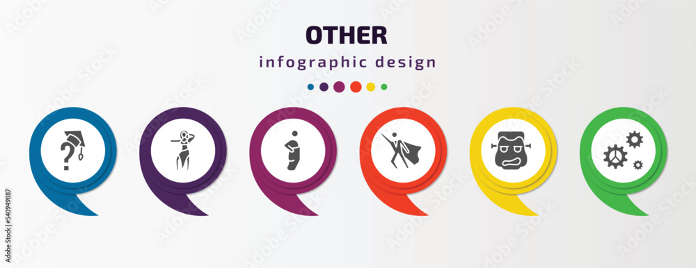 other infographic template with icons and 6 step or option. other icons such as graduation's questions, belly dance, sack race, super hero, monster, mechanical gears vector. can be used for banner, other infographic template with icons and 6 step or option. other icons such as graduation's questions, belly dance, sack race, super hero, monster, mechanical gears vector. can be used for banner,