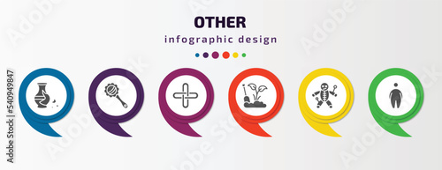 other infographic template with icons and 6 step or option. other icons such as broken vase, baby's rattle, interlock, garden work, voodoo puppet, overweight vector. can be used for banner, info