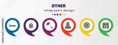 other infographic template with icons and 6 step or option. other icons such as sleeping bed, caudron, mallet, arabian woman, roulette table, pumpkin calendar vector. can be used for banner, info